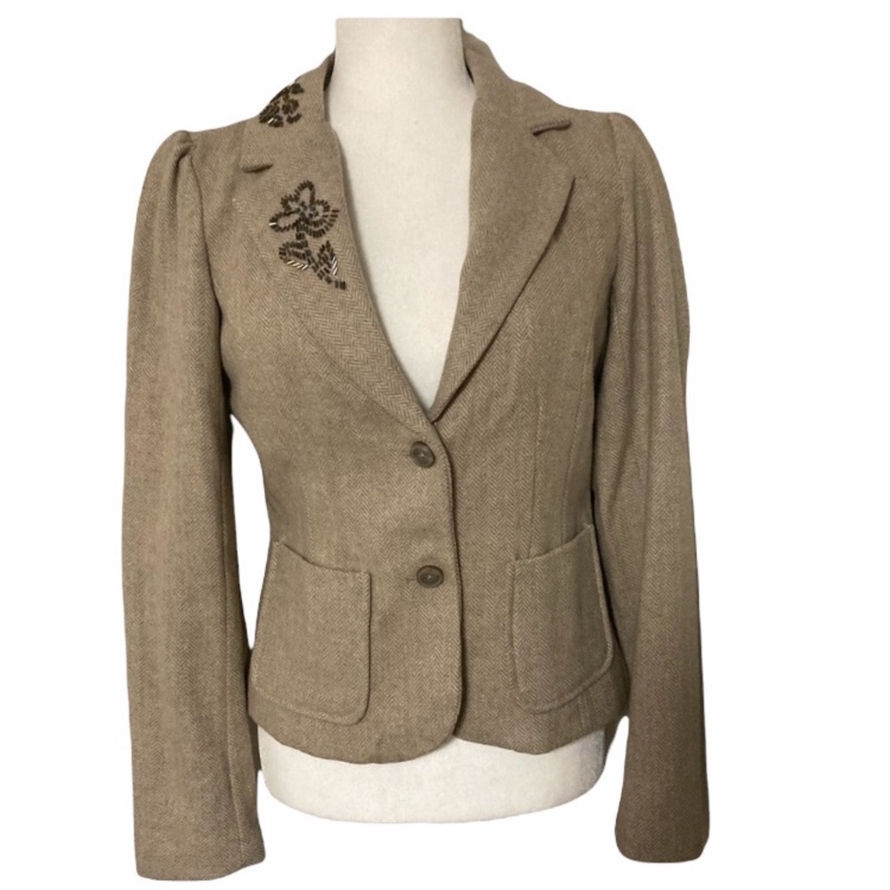 Vintage Beige Tweed Embellished Fitted Blazer